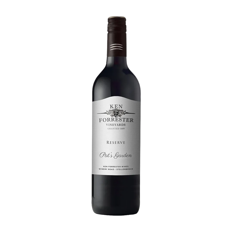 Wine bottle with 'Ken Forrester Vineyards' label on a light gray background
