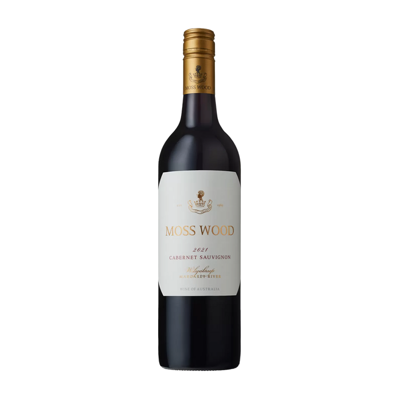 Wine bottle with 'Moss Wood' label on a white background