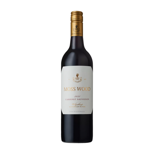 Wine bottle with 'Moss Wood' label on a white background