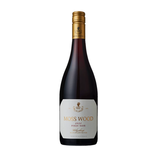 Wine bottle with 'Moss Wood, Pinot Noir' label on a white background
